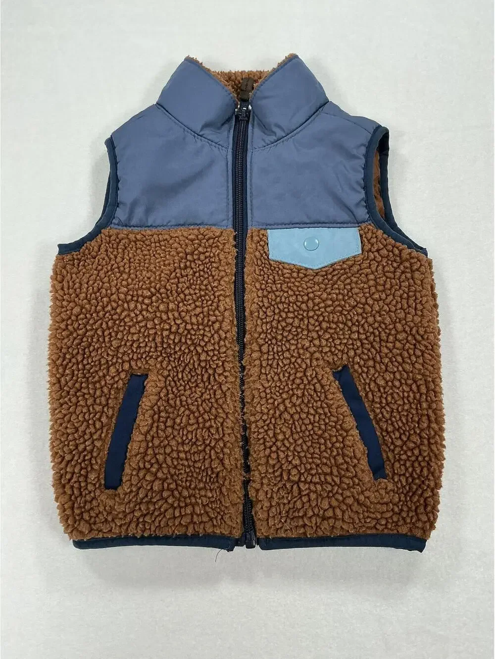 Carter’s 3T Sherpa‎ Fleece Vest Blue Brown Zip Front Toddler Boys